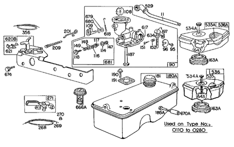 Carburetor, Fuel Tank,a/C Diagram and Parts List for 92582-0243-XX  Briggs and Stratton Engine